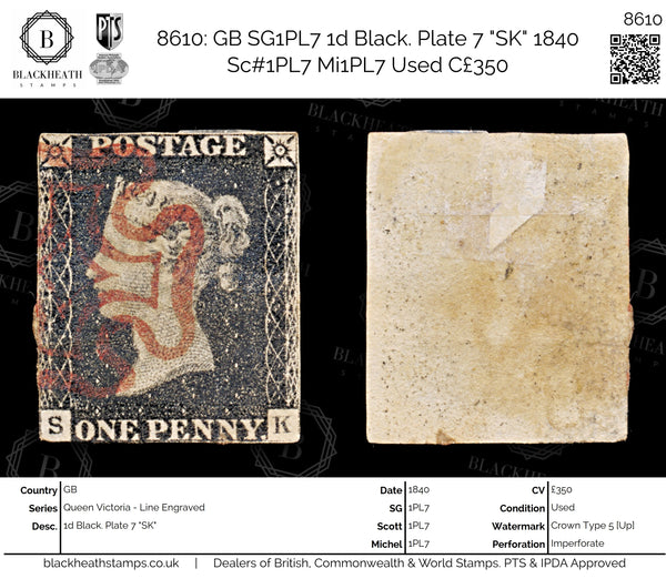 8610: GB SG1PL7 1d Black. Plate 7 "SK" 1840 Sc#1PL7 Mi1PL7 Used C£350