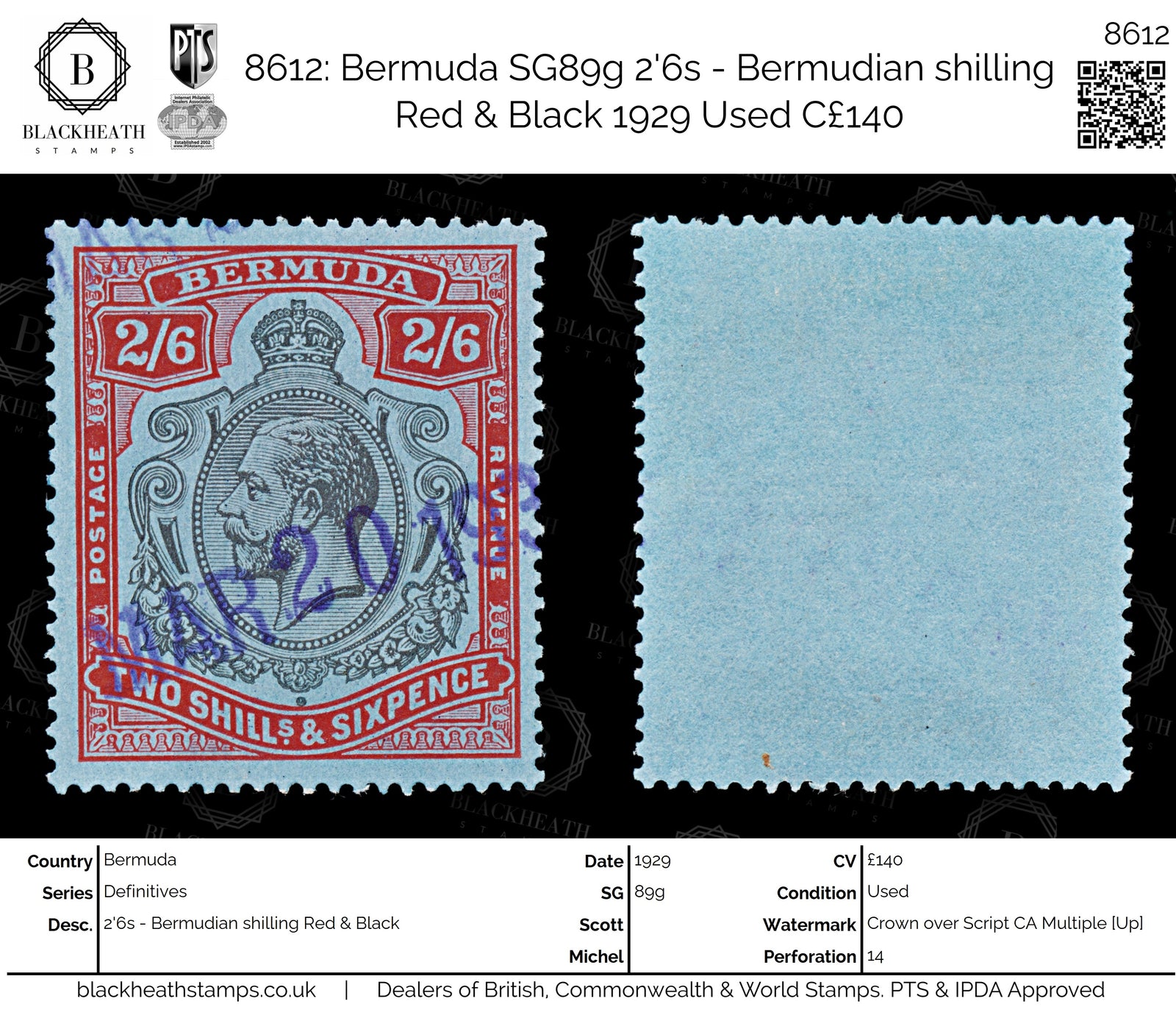 8612: Bermuda SG89g 2'6s - Bermudian shilling Red & Black 1929 Used C£140