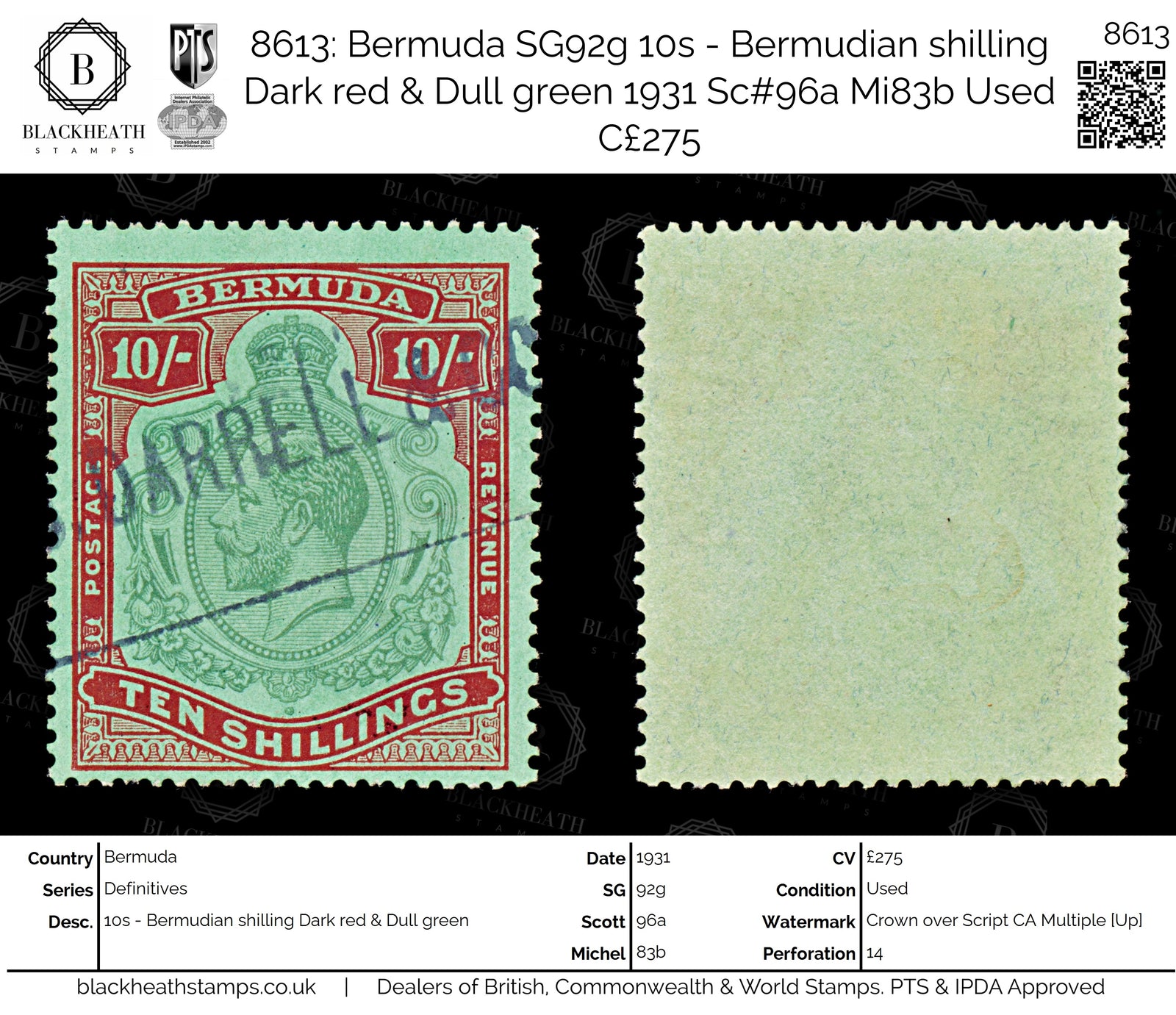 8613: Bermuda SG92g 10s - Bermudian shilling Dark red & Dull green 1931 Sc#96a Mi83b Used C£275