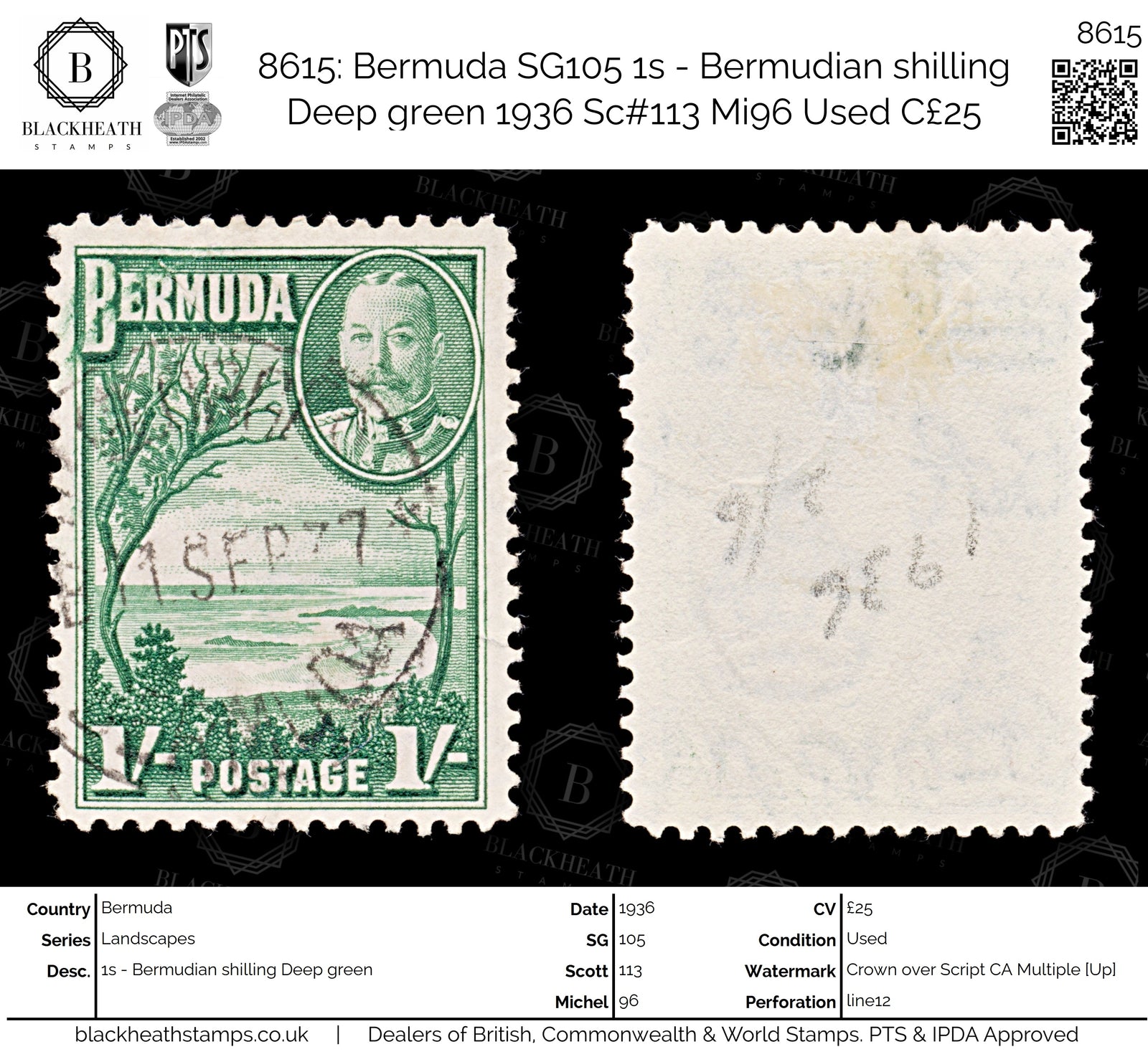 8615: Bermuda SG105 1s - Bermudian shilling Deep green 1936 Sc#113 Mi96 Used C£25