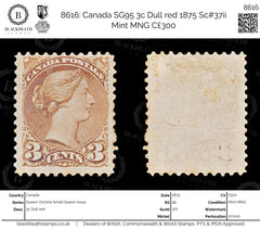 8616: Canada SG95 3c Dull red 1875 Sc#37ii Mint MNG C£300, view 1