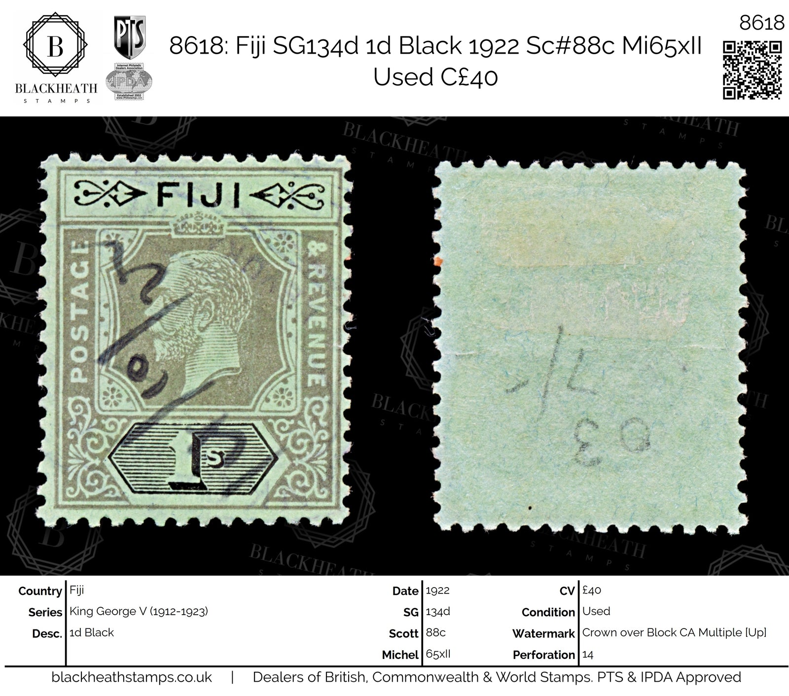 8618: Fiji SG134d 1d Black 1922 Sc#88c Mi65xII Used C£40