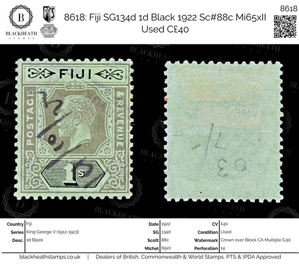 8618: Fiji SG134d 1d Black 1922 Sc#88c Mi65xII Used C£40