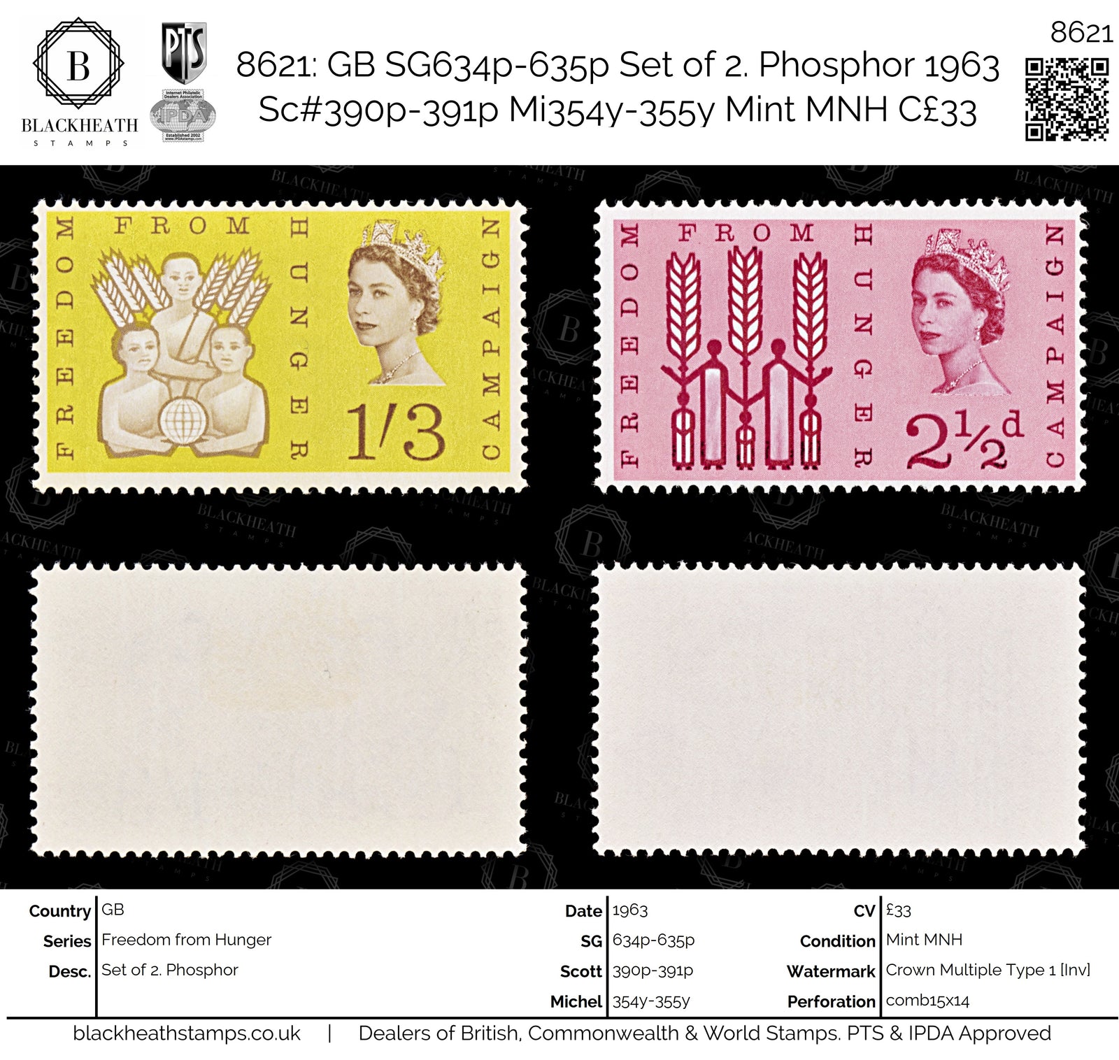 8621: GB SG634p-635p Set of 2. Phosphor 1963 Sc#390p-391p Mi354y-355y Mint MNH C£33
