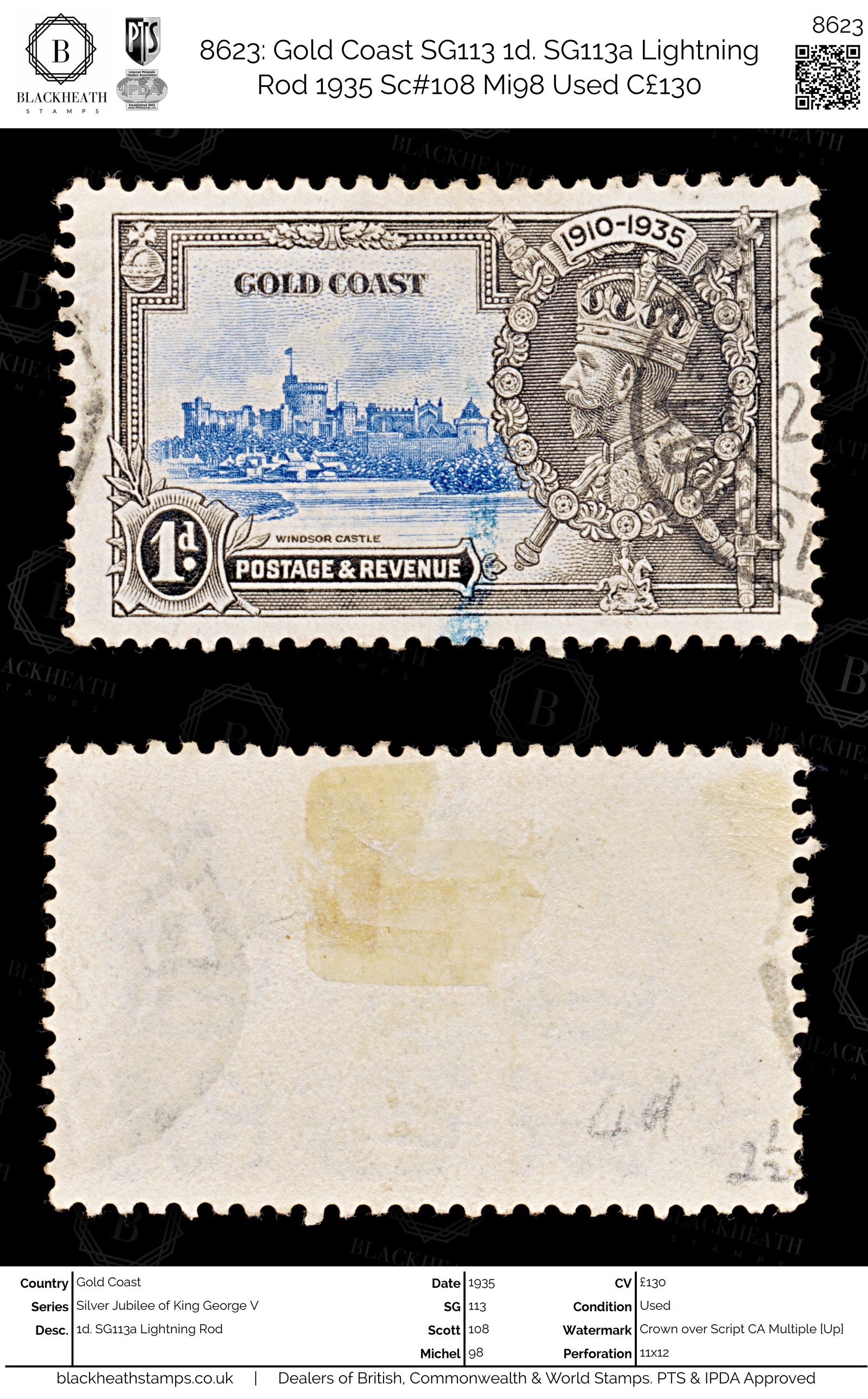 8623: Gold Coast SG113 1d. SG113a Lightning Rod 1935 Sc#108 Mi98 Used C£130