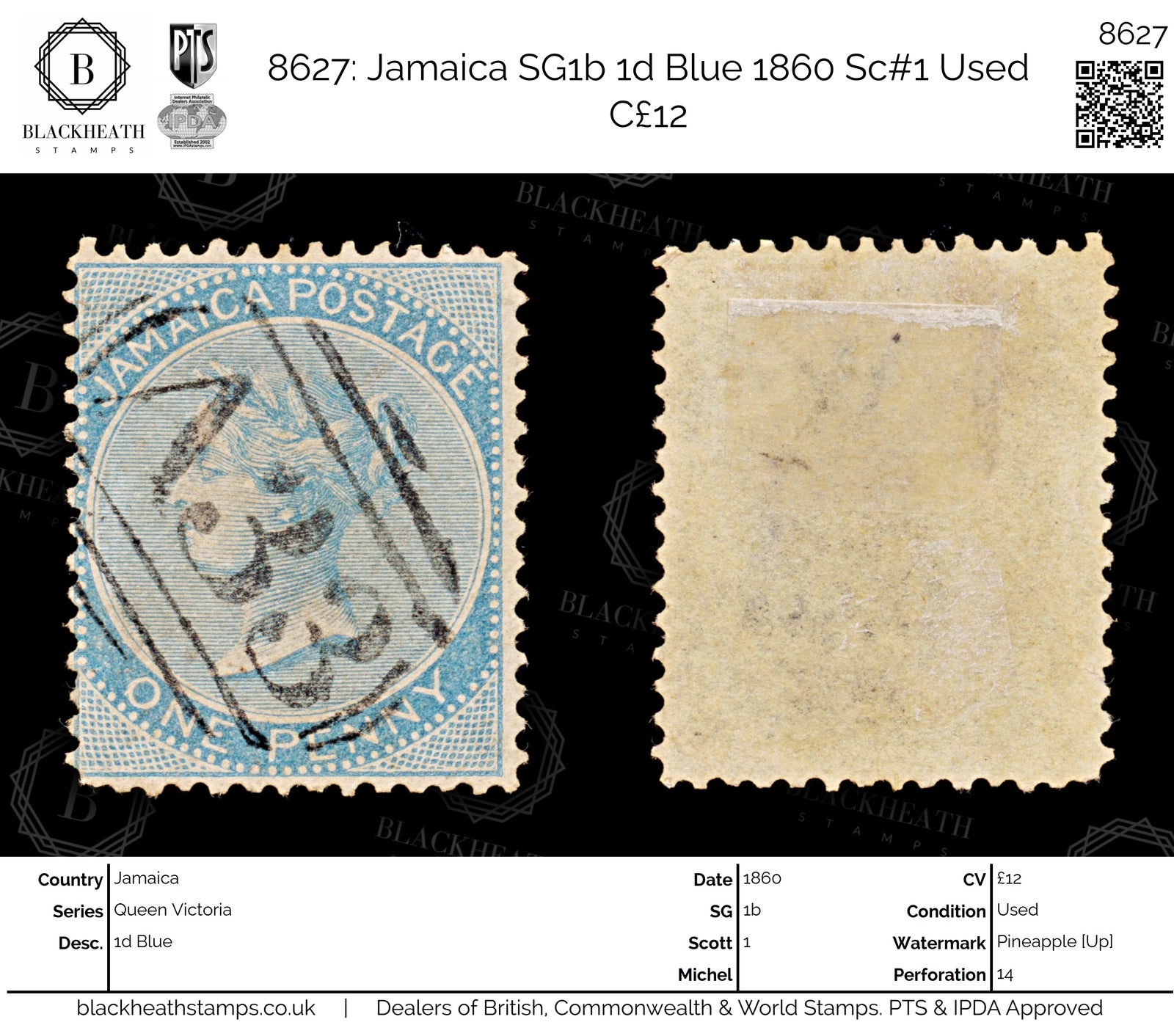 8627: Jamaica SG1b 1d Blue 1860 Sc#1 Used C£12