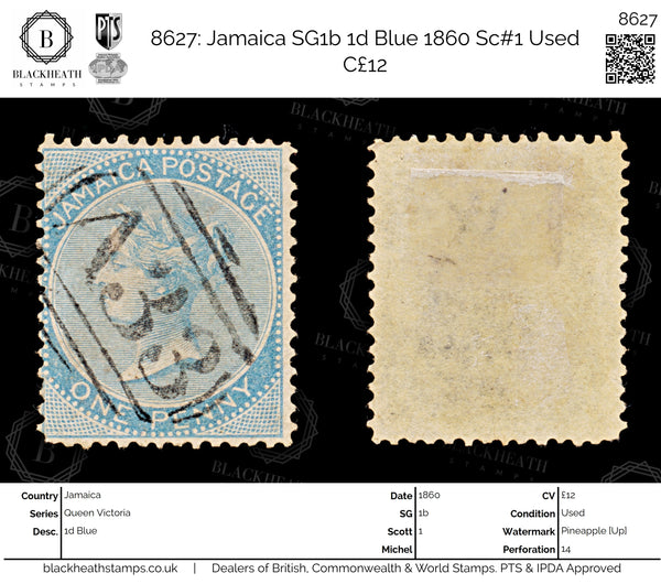 8627: Jamaica SG1b 1d Blue 1860 Sc#1 Used C£12
