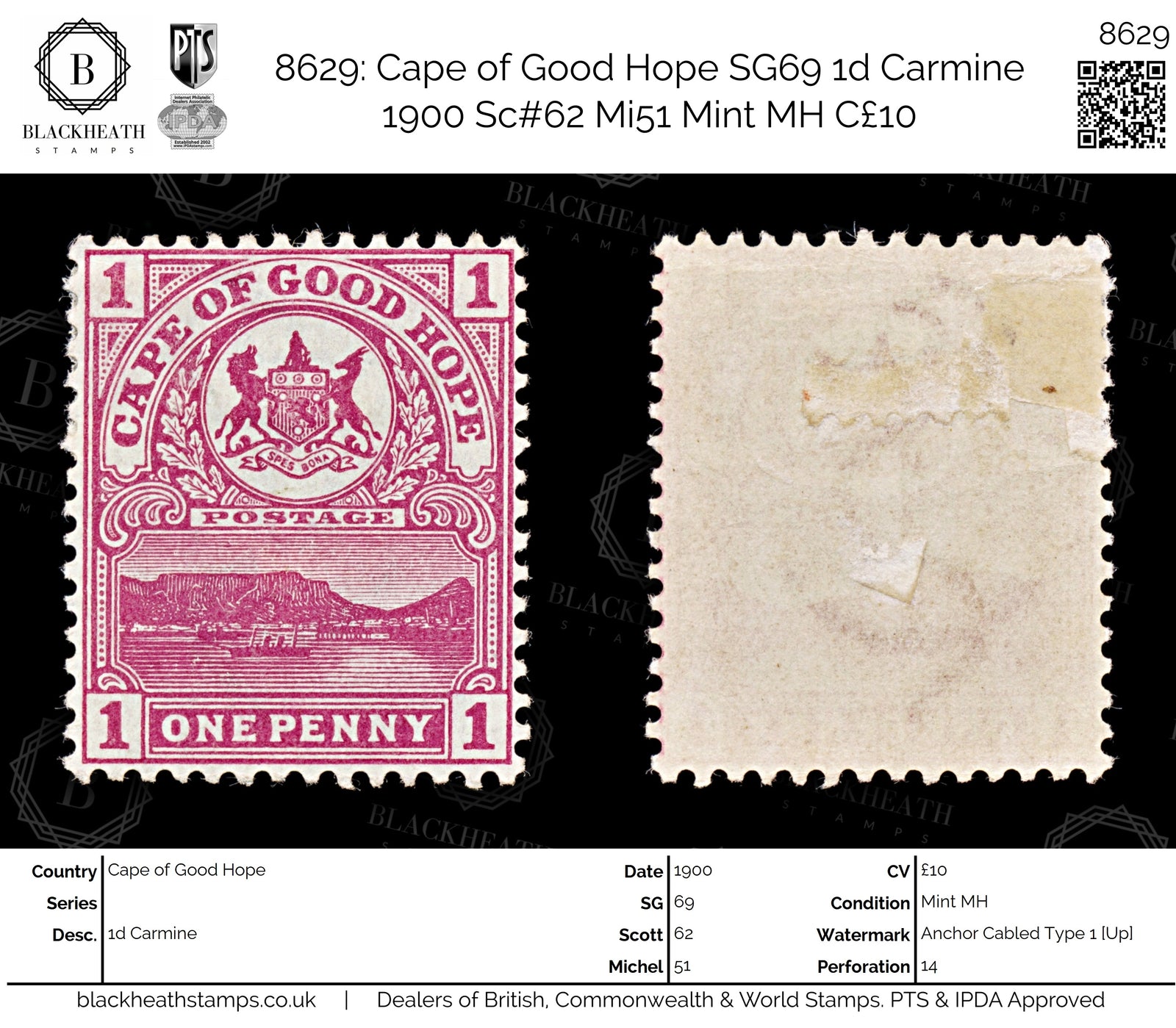 8629: Cape of Good Hope SG69 1d Carmine 1900 Sc#62 Mi51 Mint MH C£10