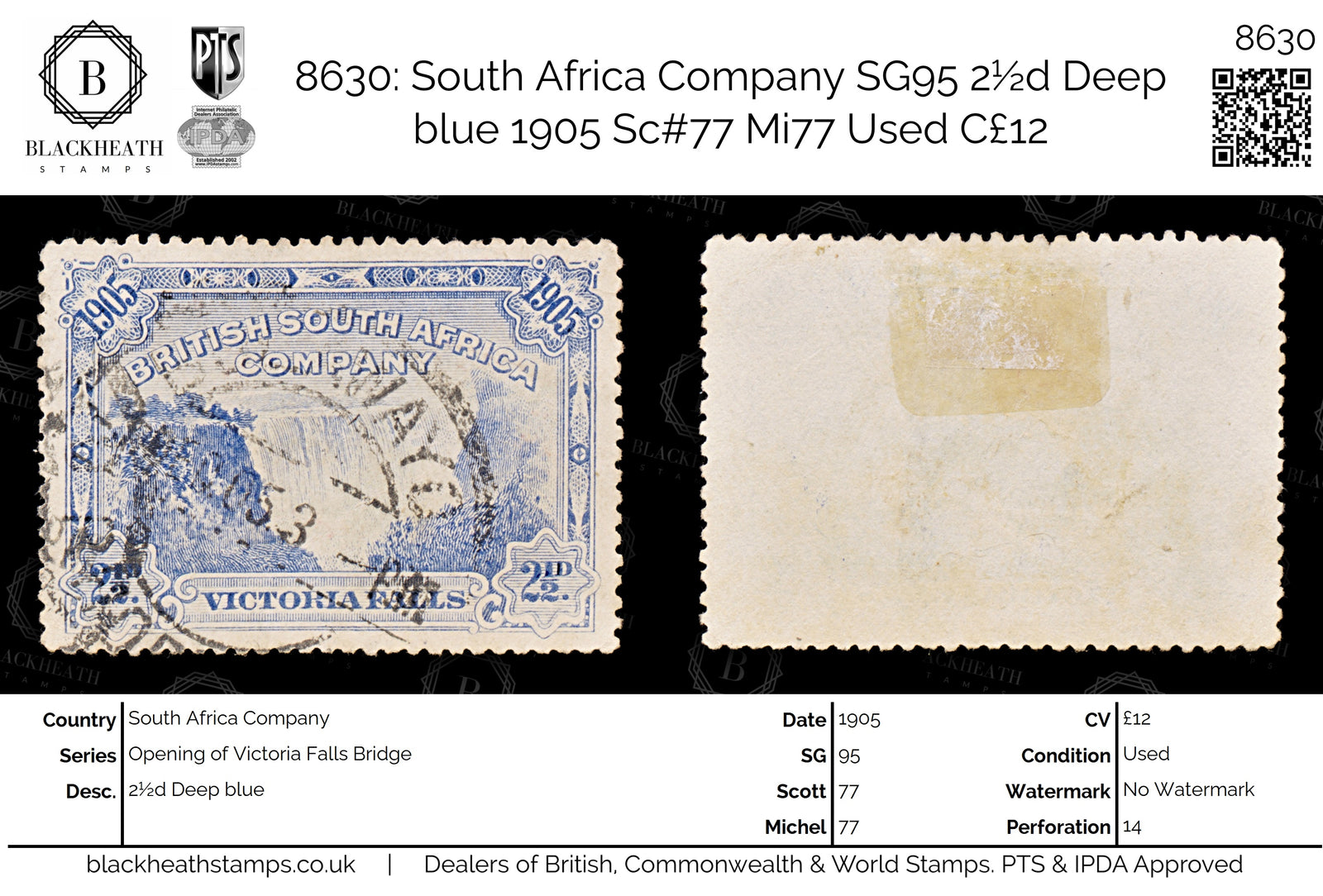 8630: South Africa Company SG95 2½d Deep blue 1905 Sc#77 Mi77 Used C£12