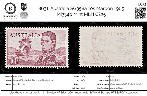 8631: Australia SG358a 10s Maroon 1965 Mi334b Mint MLH C£25