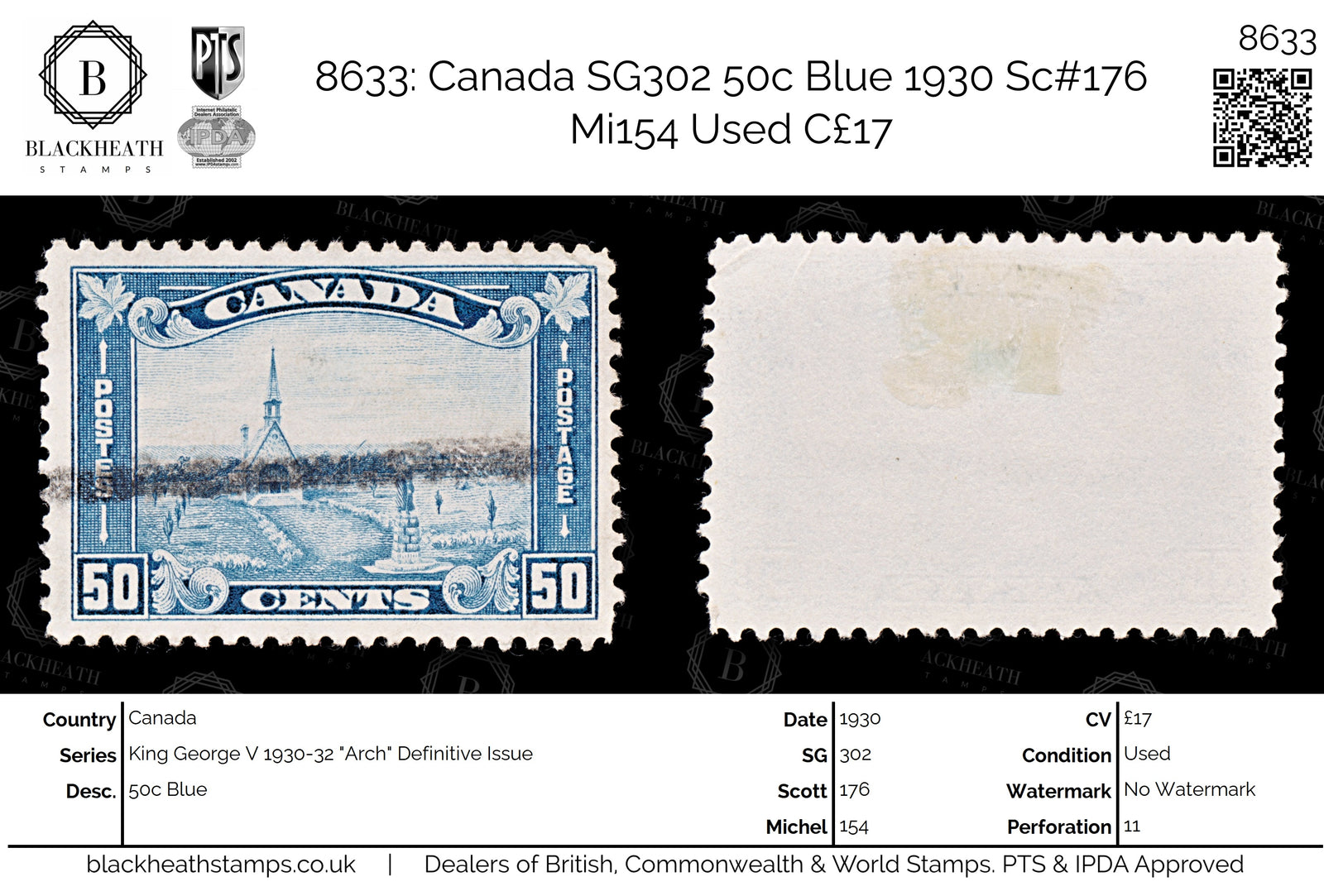 8633: Canada SG302 50c Blue 1930 Sc#176 Mi154 Used C£17