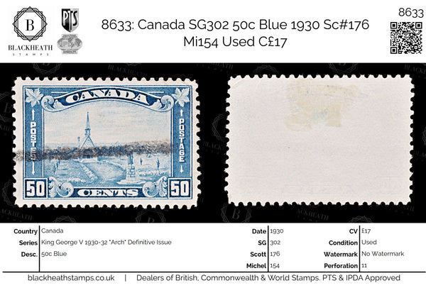 8633: Canada SG302 50c Blue 1930 Sc#176 Mi154 Used C£17