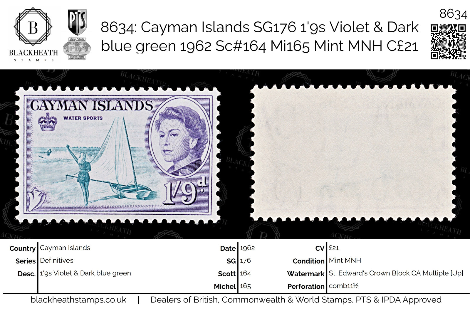 8634: Cayman Islands SG176 1'9s Violet & Dark blue green 1962 Sc#164 Mi165 Mint MNH C£21