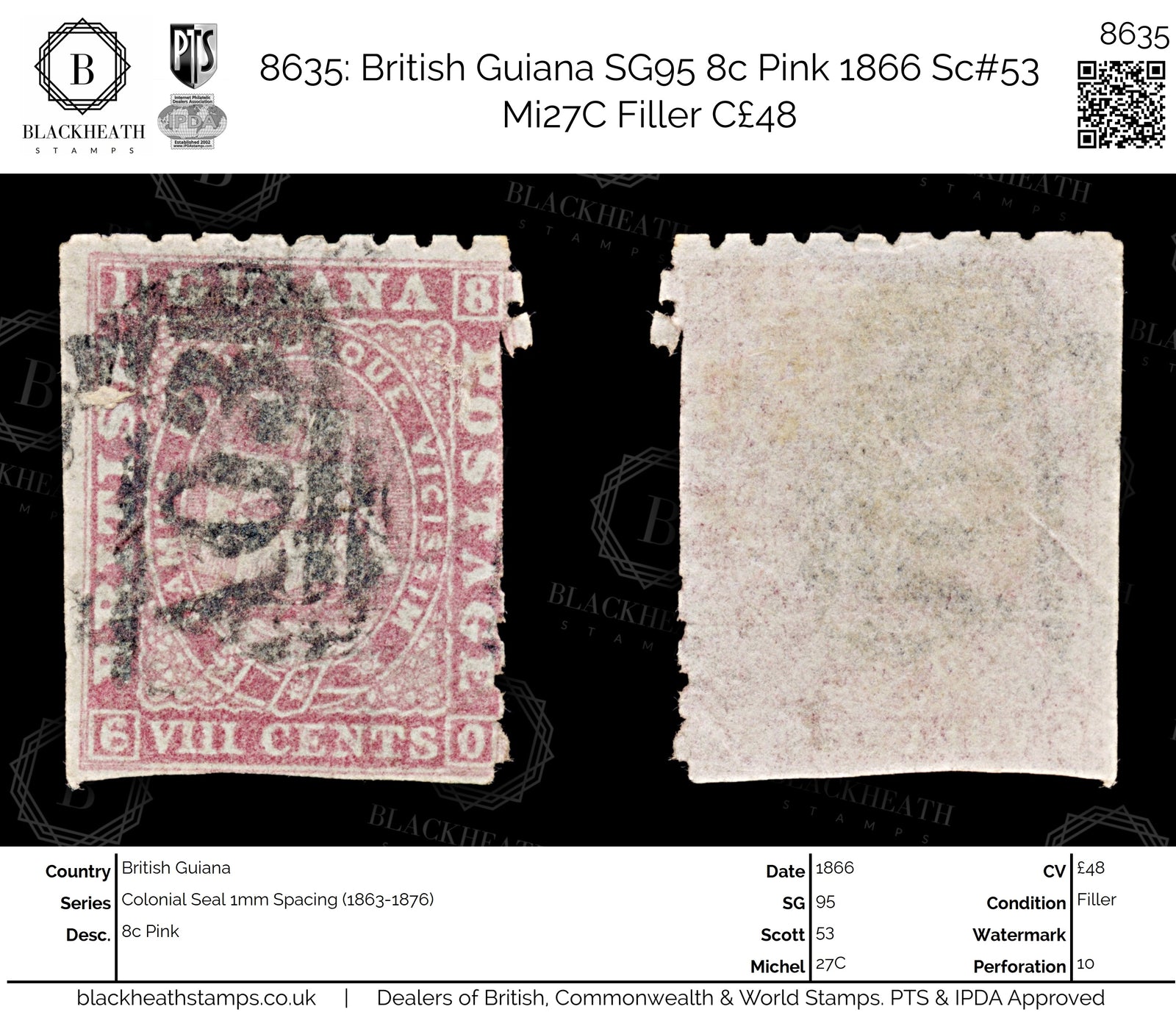 8635: British Guiana SG95 8c Pink 1866 Sc#53 Mi27C Filler C£48