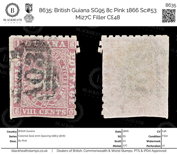 8635: British Guiana SG95 8c Pink 1866 Sc#53 Mi27C Filler C£48