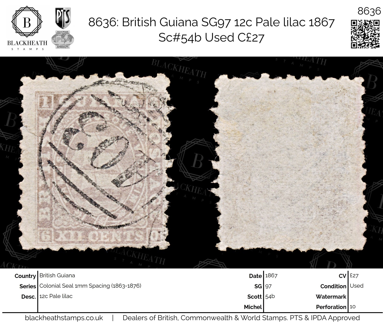 8636: British Guiana SG97 12c Pale lilac 1867 Sc#54b Used C£27