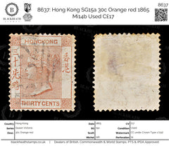 8637: Hong Kong SG15a 30c Orange red 1865 Mi14b Used C£17, view 1