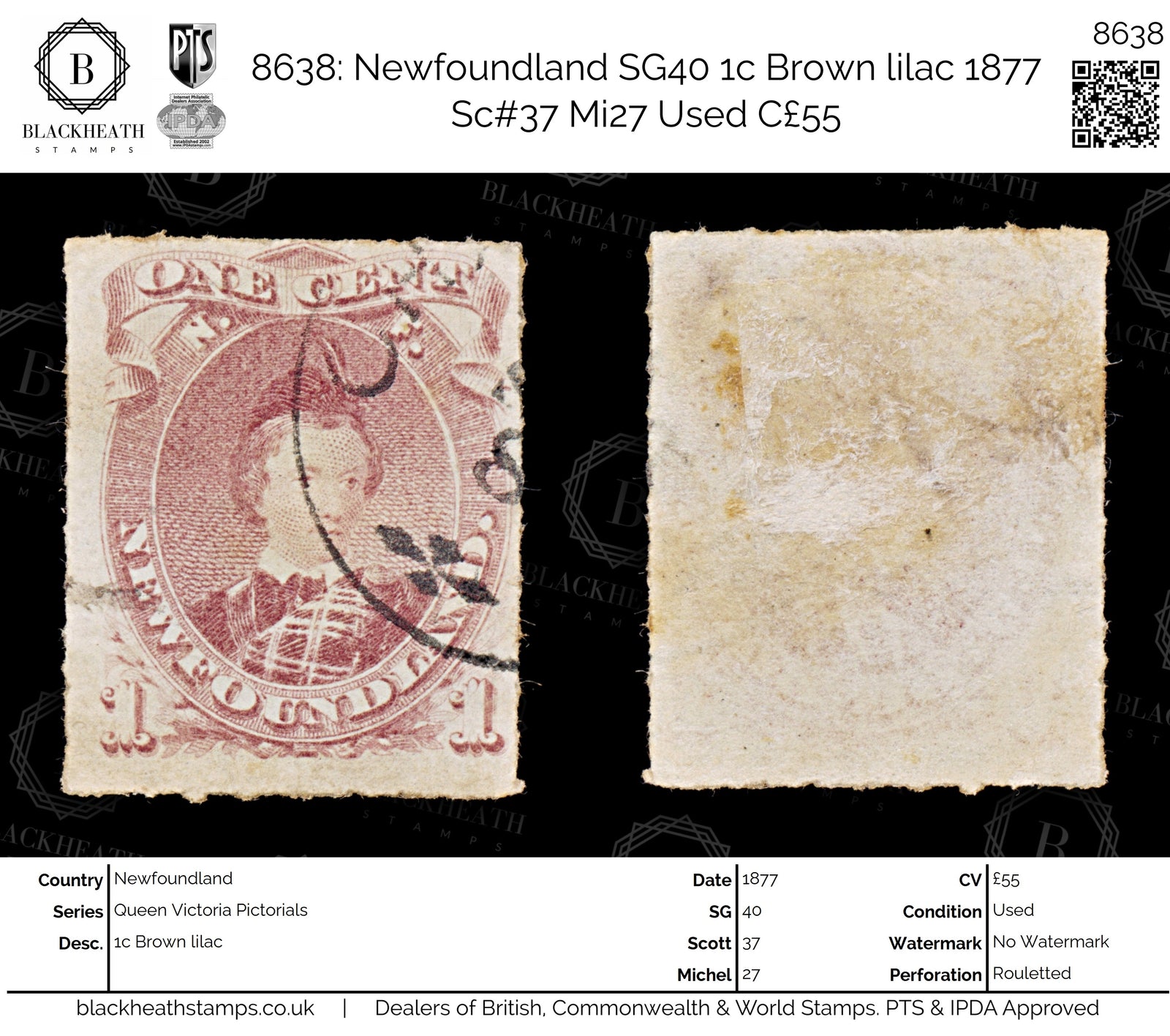 8638: Newfoundland SG40 1c Brown lilac 1877 Sc#37 Mi27 Used C£55