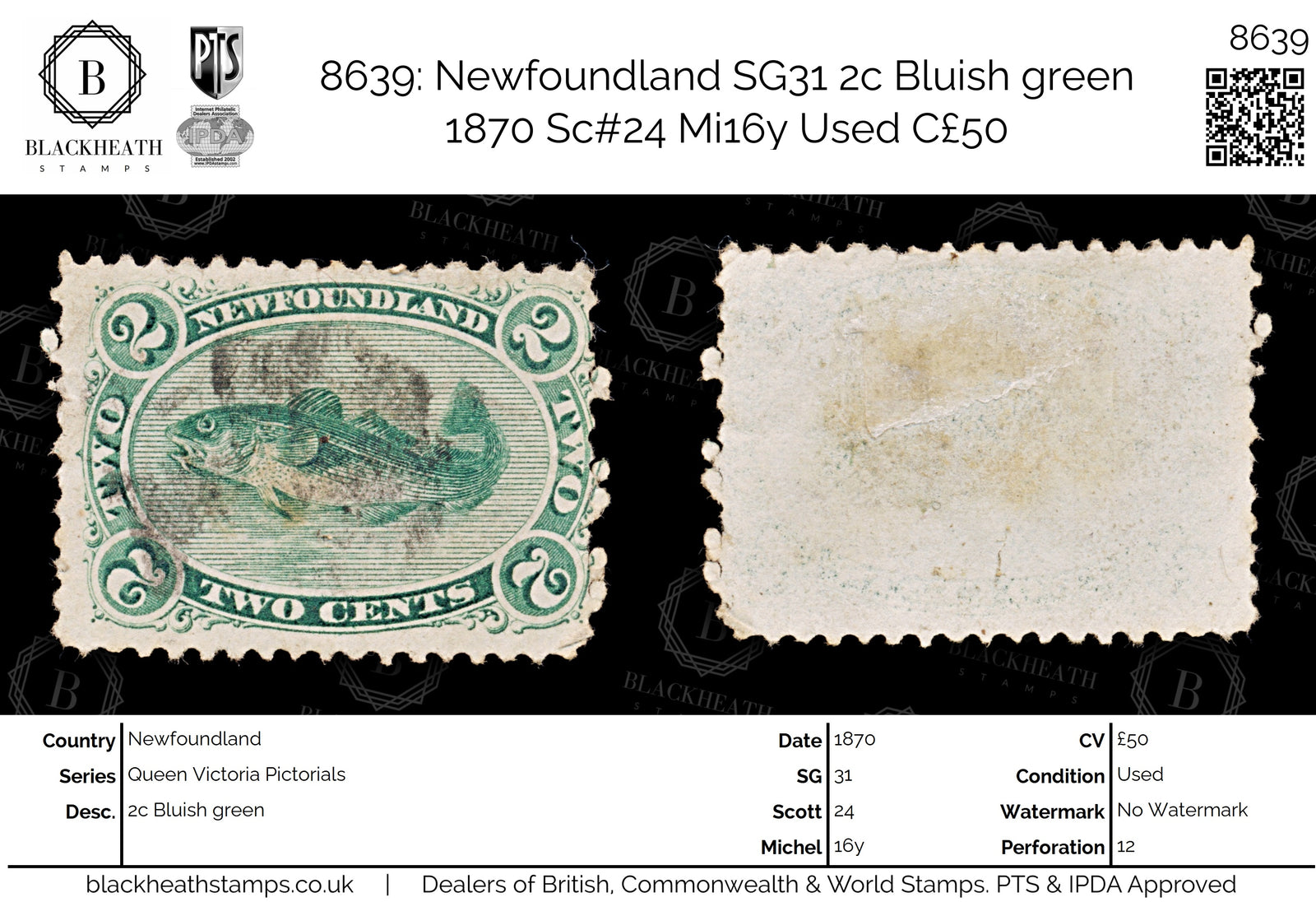 8639: Newfoundland SG31 2c Bluish green 1870 Sc#24 Mi16y Used C£50