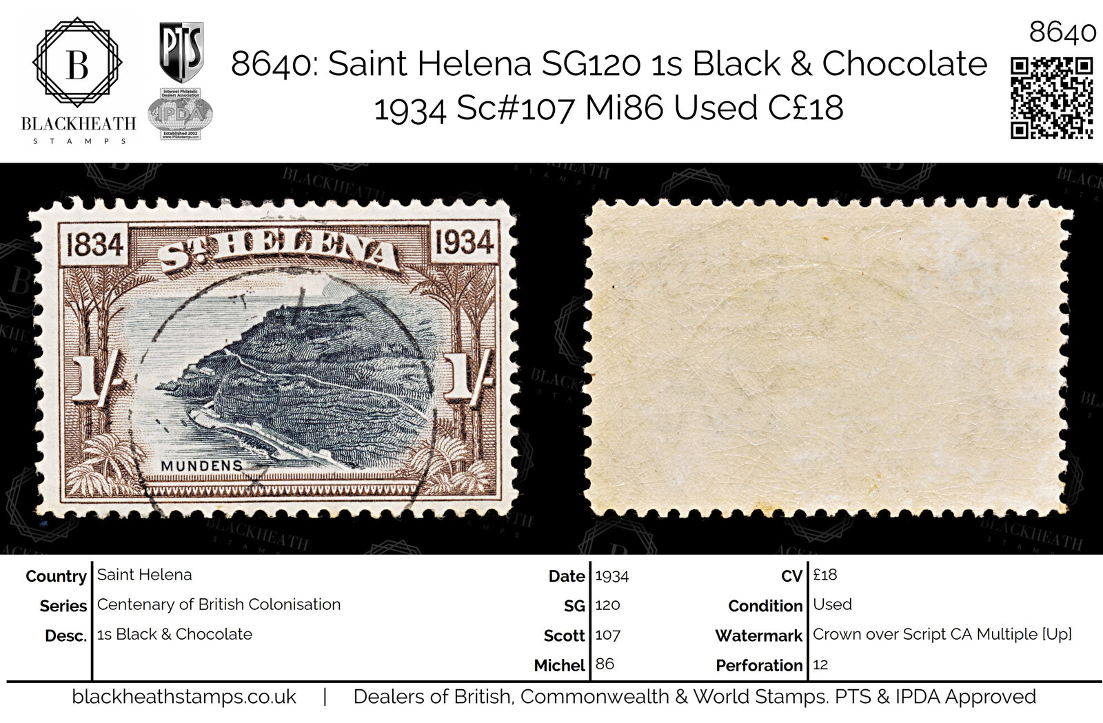 8640: Saint Helena SG120 1s Black & Chocolate 1934 Sc#107 Mi86 Used C£18