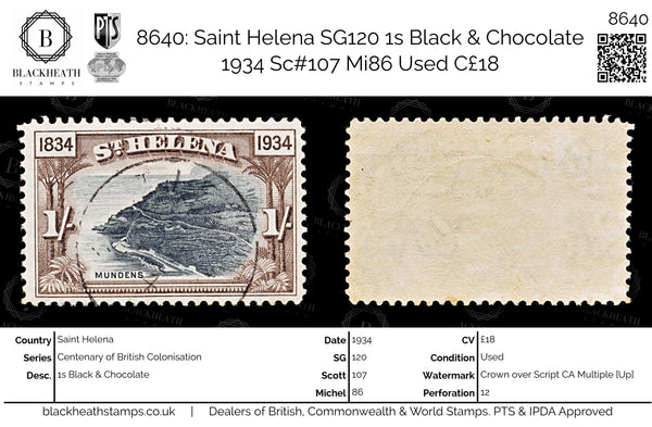 8640: Saint Helena SG120 1s Black & Chocolate 1934 Sc#107 Mi86 Used C£18