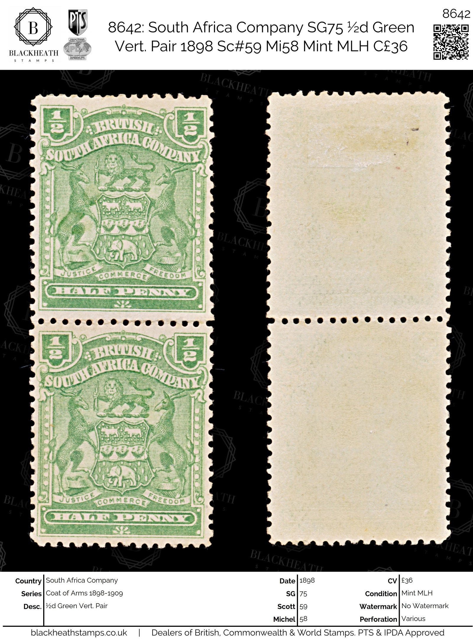 8642: South Africa Company SG75 ½d Green Vert. Pair 1898 Sc#59 Mi58 Mint MLH C£36