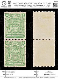 8642: South Africa Company SG75 ½d Green Vert. Pair 1898 Sc#59 Mi58 Mint MLH C£36, view 1