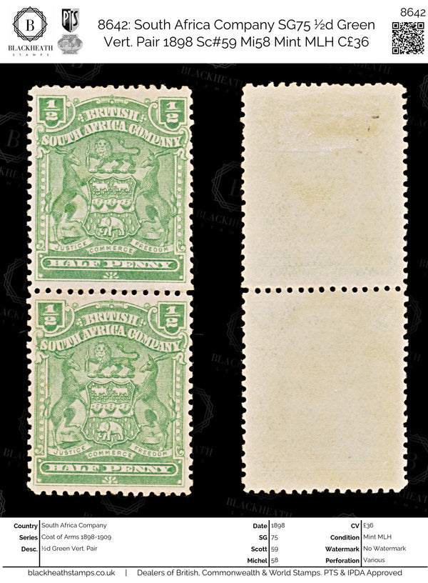 8642: South Africa Company SG75 ½d Green Vert. Pair 1898 Sc#59 Mi58 Mint MLH C£36