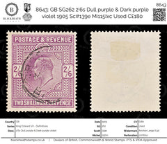 8643: GB SG262 2'6s Dull purple & Dark purple violet 1905 Sc#139e Mi115Ixc Used C£180, view 1