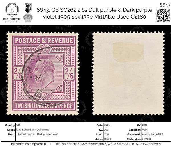 8643: GB SG262 2'6s Dull purple & Dark purple violet 1905 Sc#139e Mi115Ixc Used C£180