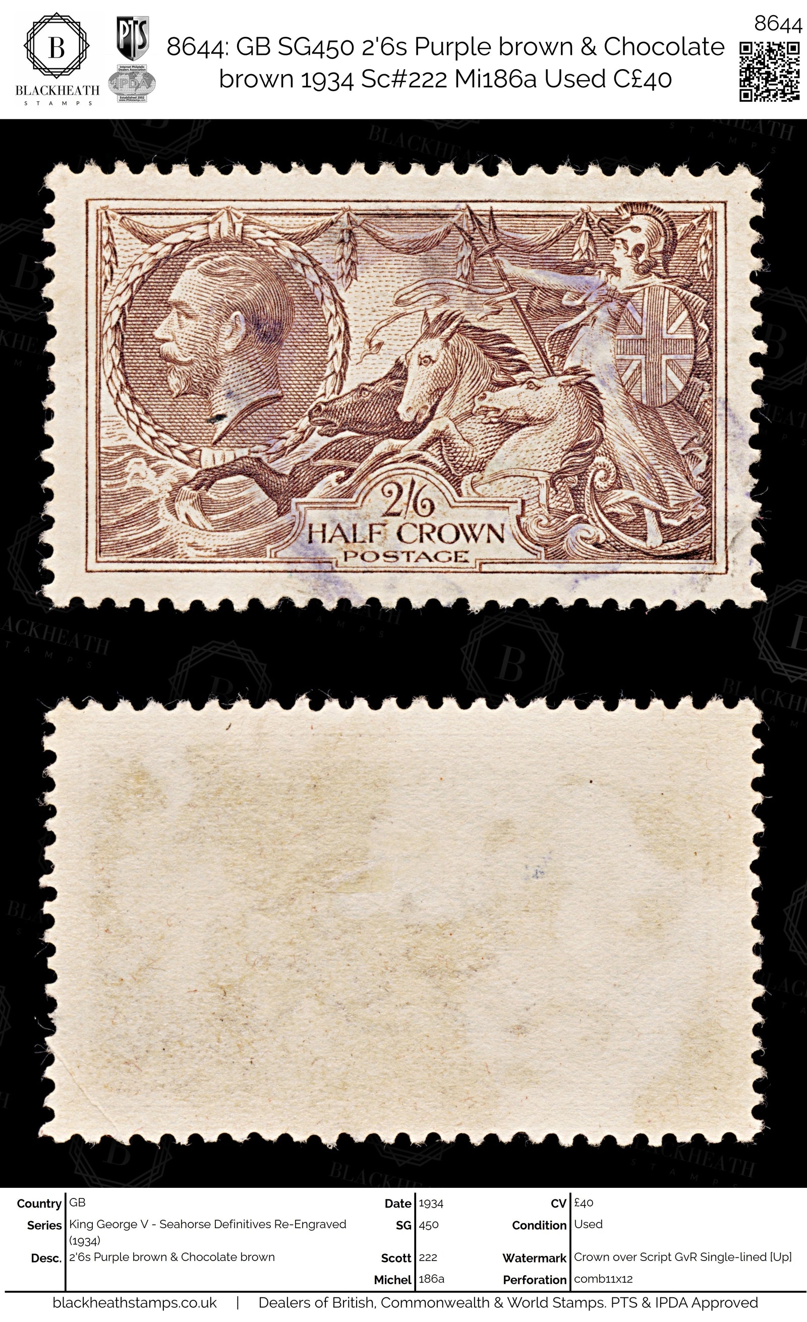 8644: GB SG450 2'6s Purple brown & Chocolate brown 1934 Sc#222 Mi186a Used C£40