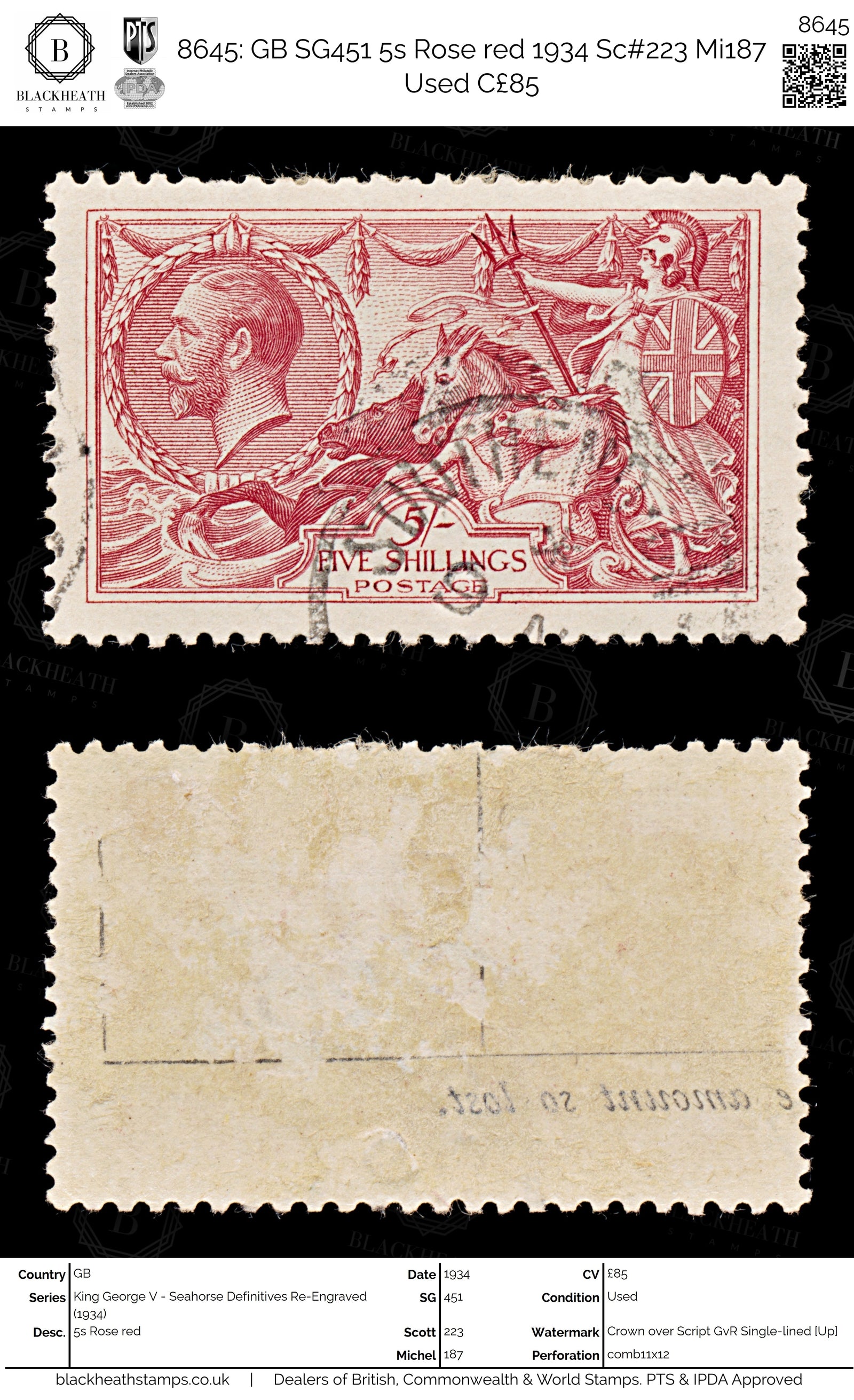 8645: GB SG451 5s Rose red 1934 Sc#223 Mi187 Used C£85