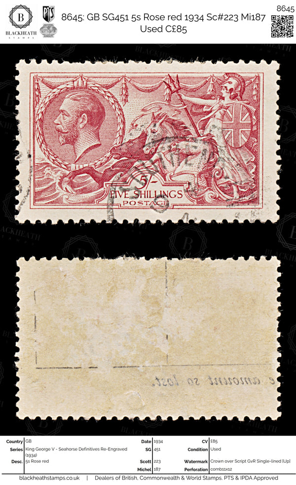 8645: GB SG451 5s Rose red 1934 Sc#223 Mi187 Used C£85