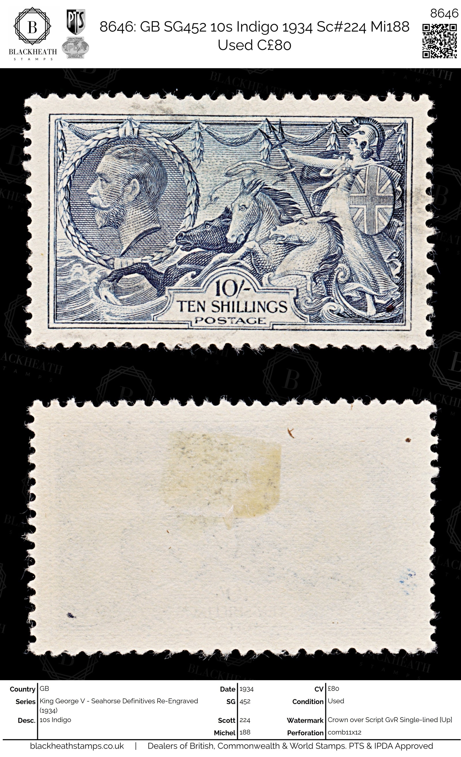 8646: GB SG452 10s Indigo 1934 Sc#224 Mi188 Used C£80