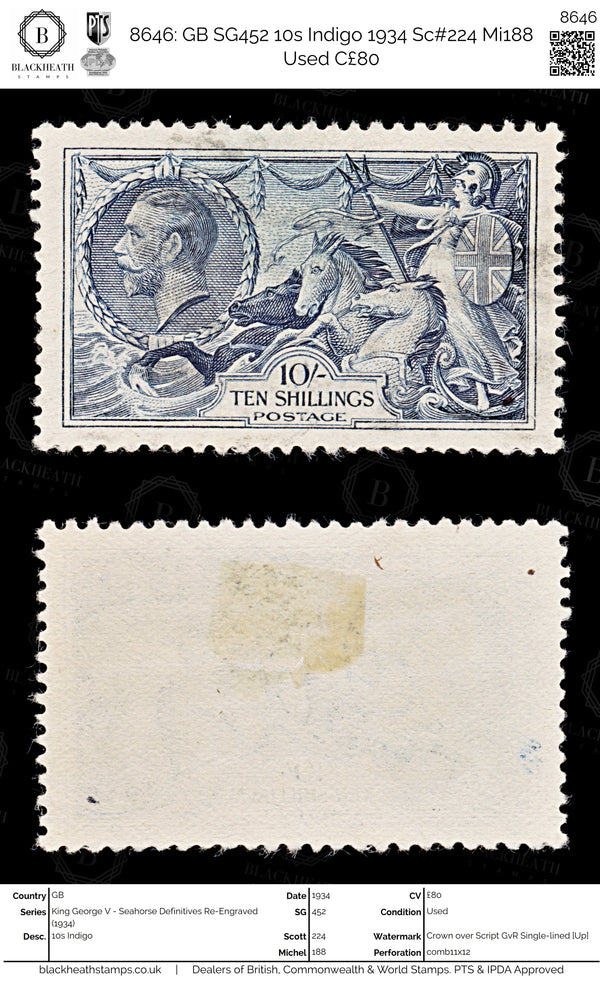 8646: GB SG452 10s Indigo 1934 Sc#224 Mi188 Used C£80