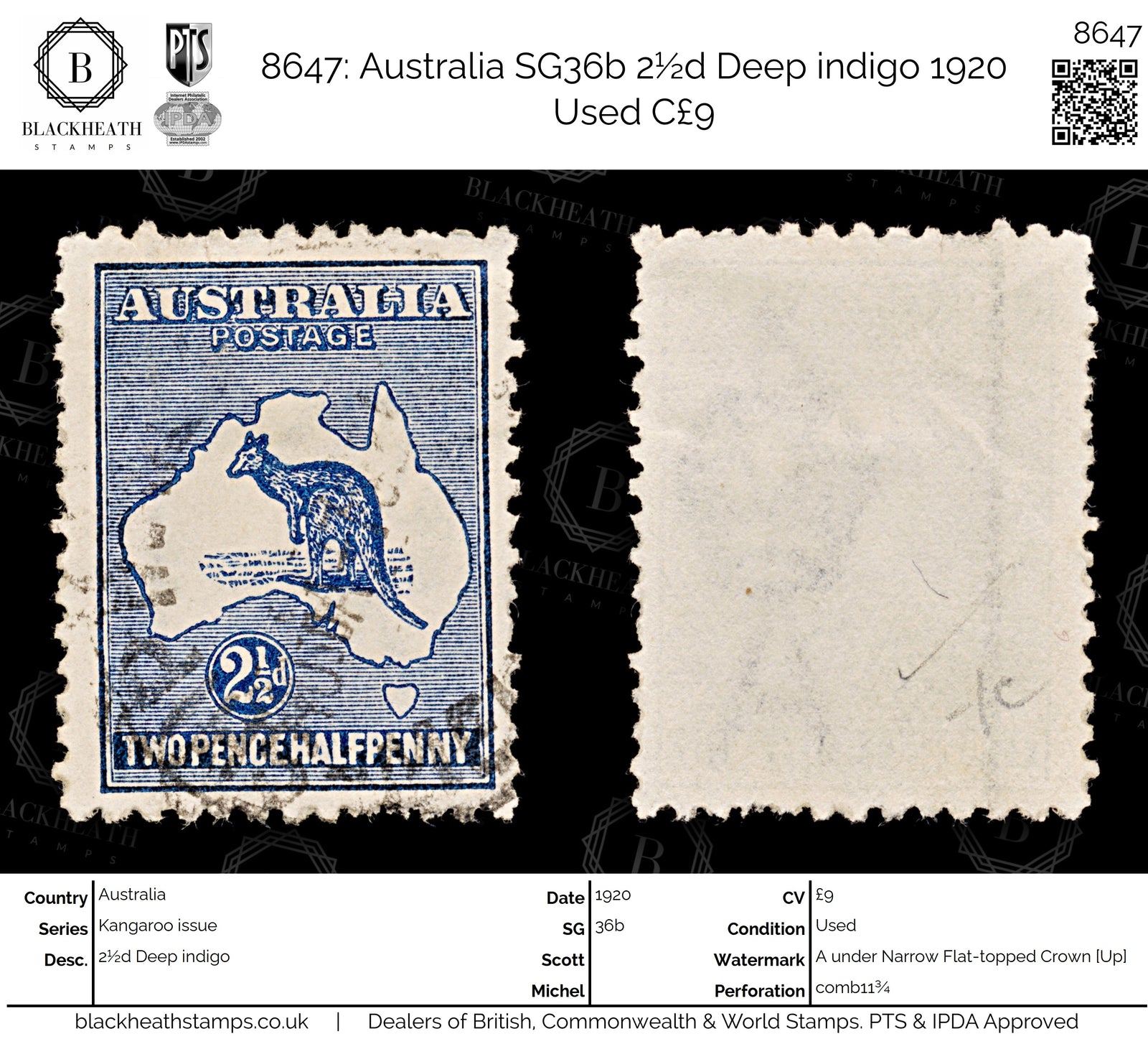 8647: Australia SG36b 2½d Deep indigo 1920 Used C£9