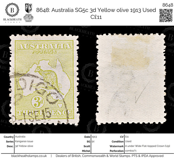 8648: Australia SG5c 3d Yellow olive 1913 Used C£11