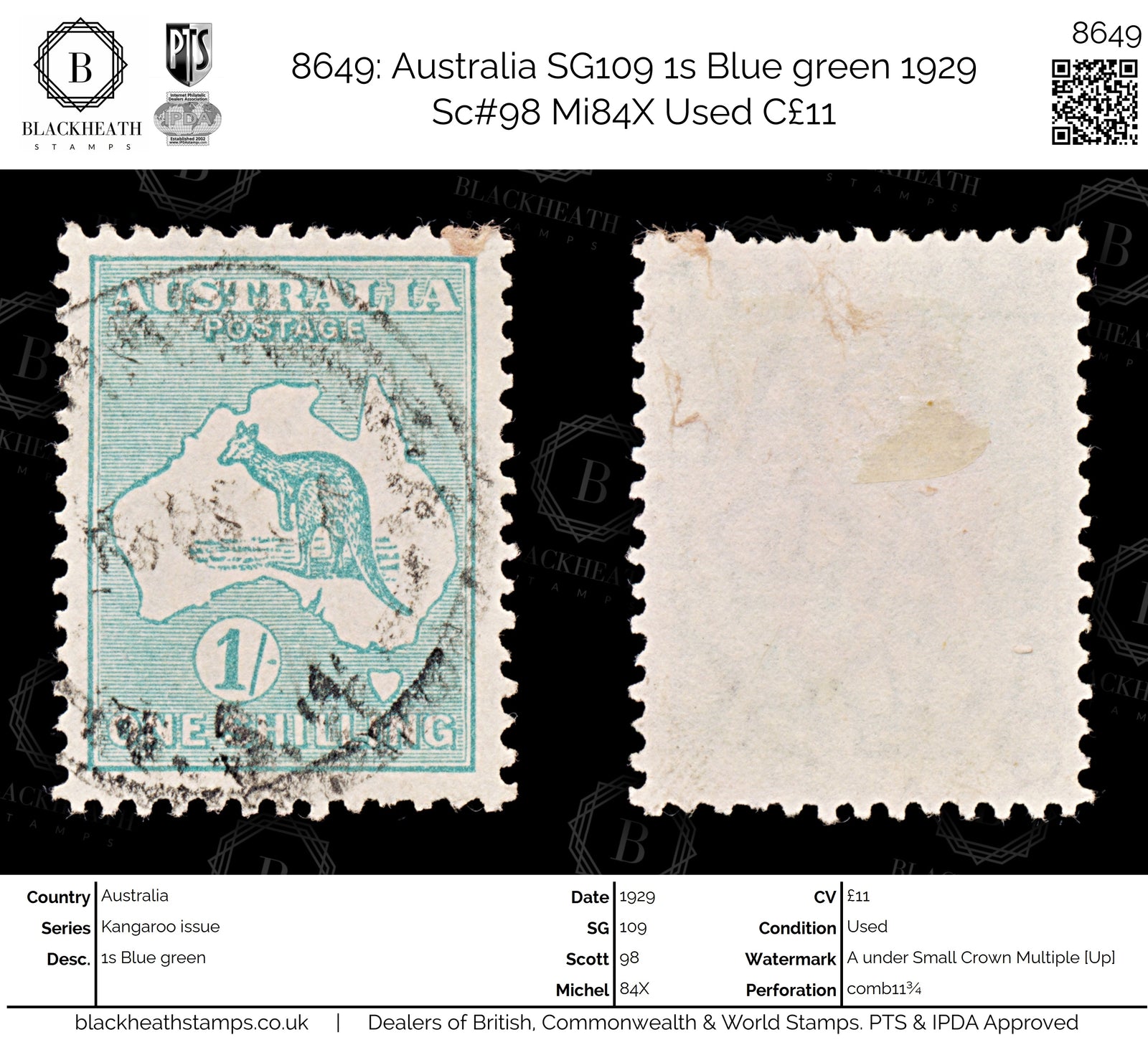 8649: Australia SG109 1s Blue green 1929 Sc#98 Mi84X Used C£11