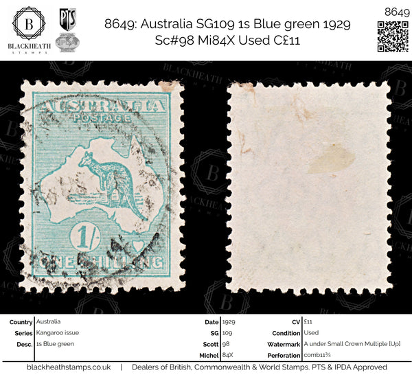 8649: Australia SG109 1s Blue green 1929 Sc#98 Mi84X Used C£11