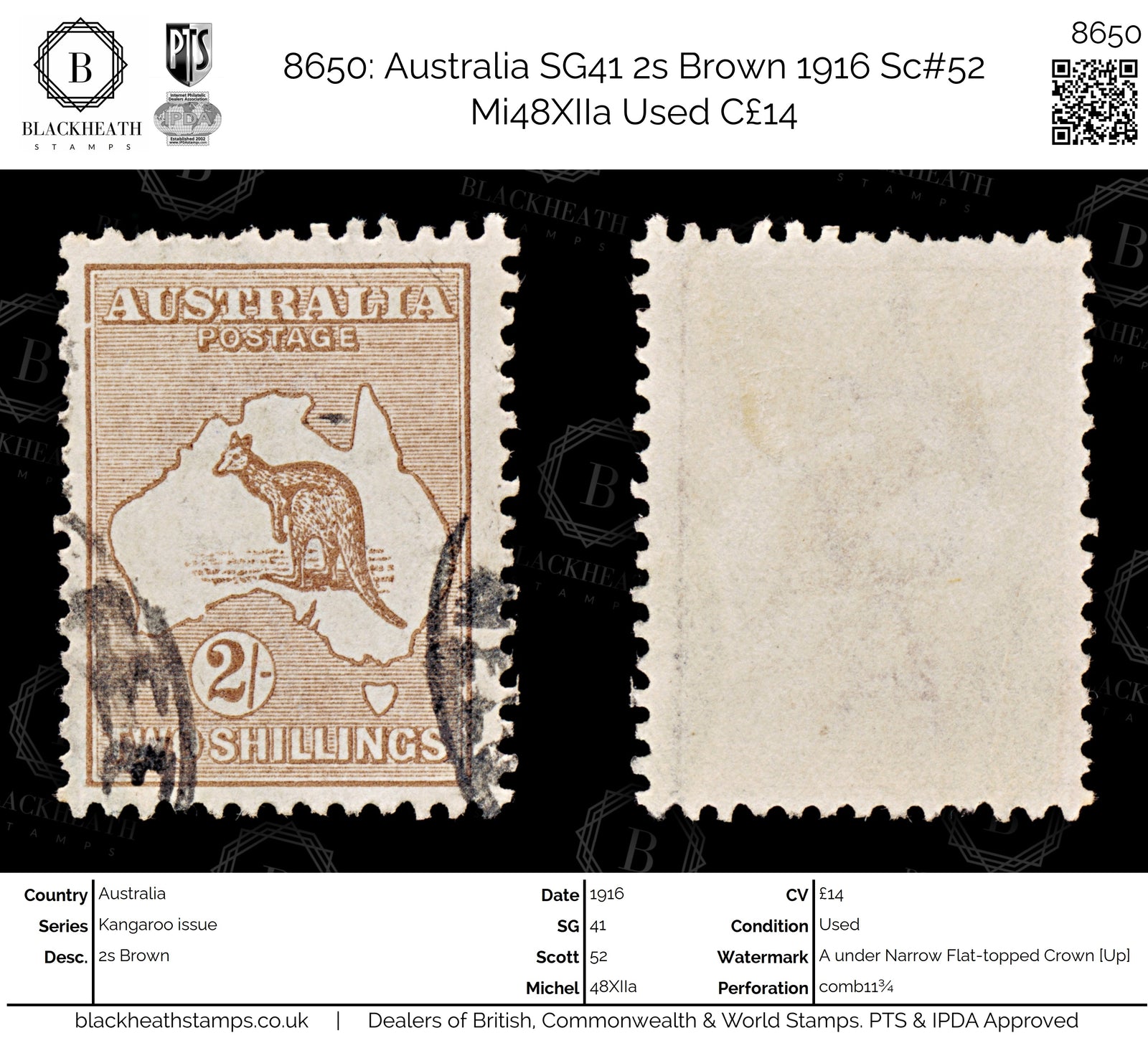 8650: Australia SG41 2s Brown 1916 Sc#52 Mi48XIIa Used C£14
