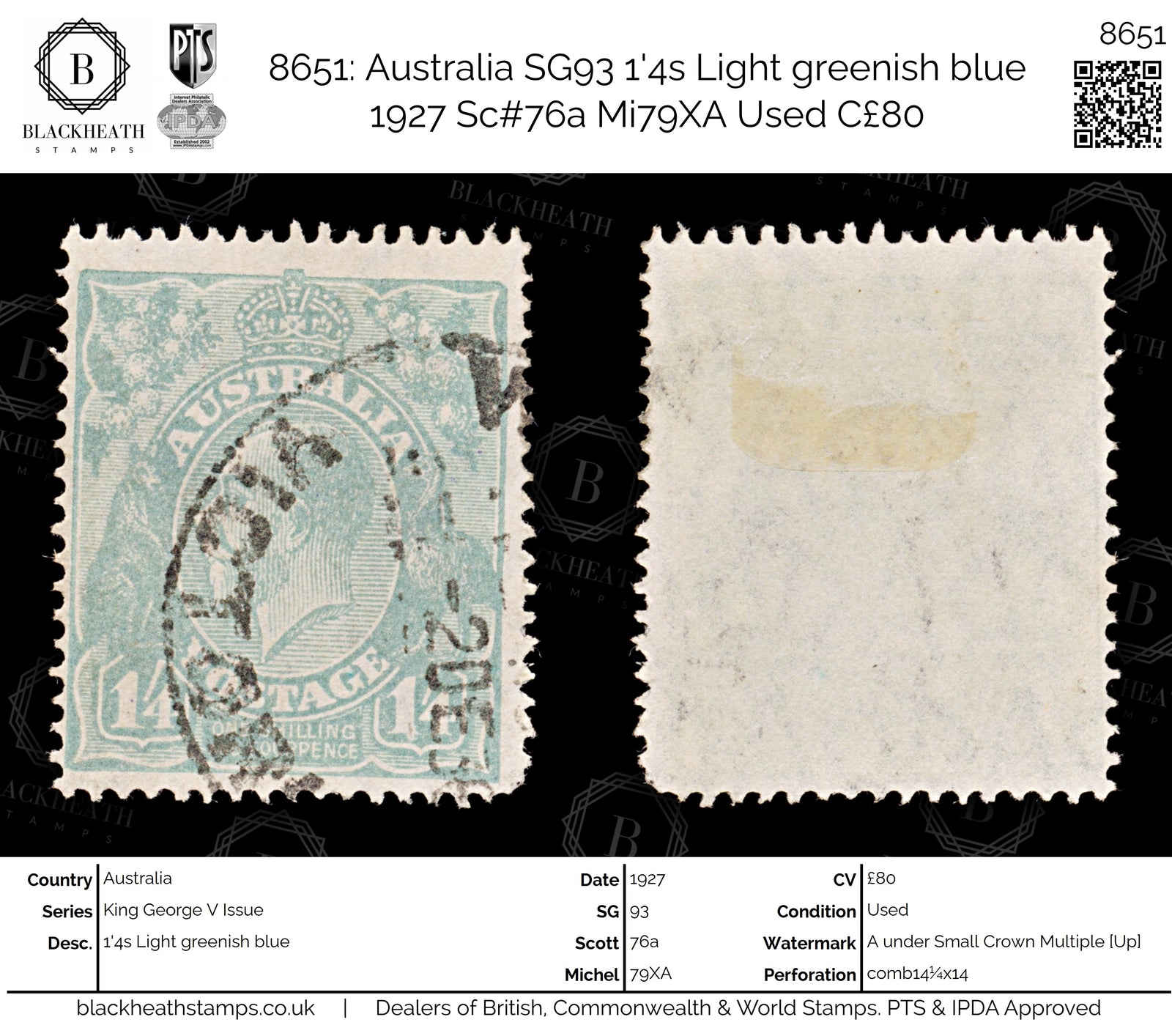 8651: Australia SG93 1'4s Light greenish blue 1927 Sc#76a Mi79XA Used C£80