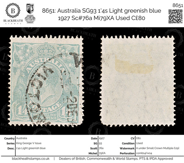 8651: Australia SG93 1'4s Light greenish blue 1927 Sc#76a Mi79XA Used C£80