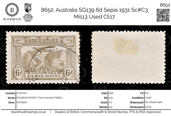 8652: Australia SG139 6d Sepia 1931 Sc#C3 Mi113 Used C£17