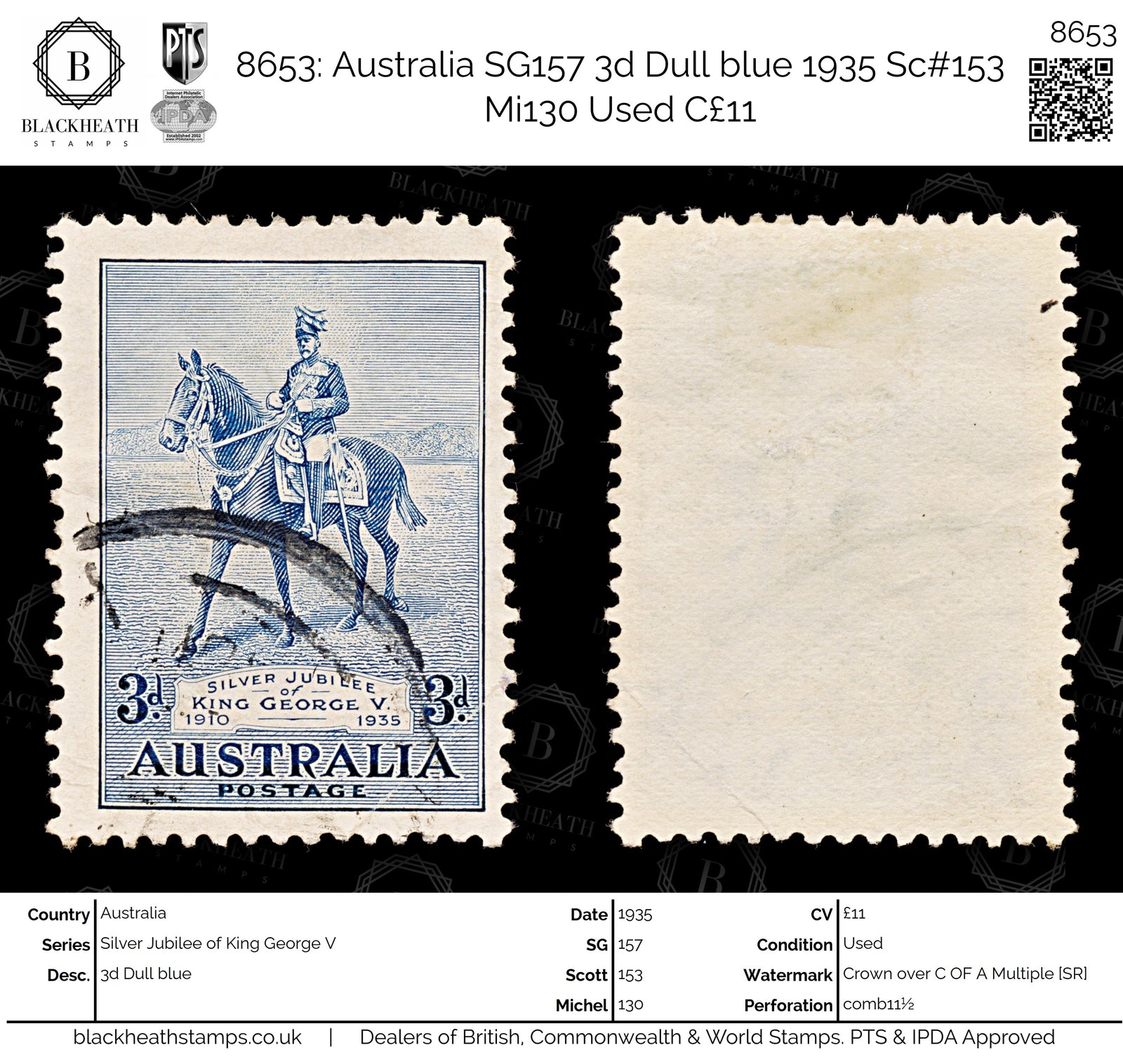 8653: Australia SG157 3d Dull blue 1935 Sc#153 Mi130 Used C£11