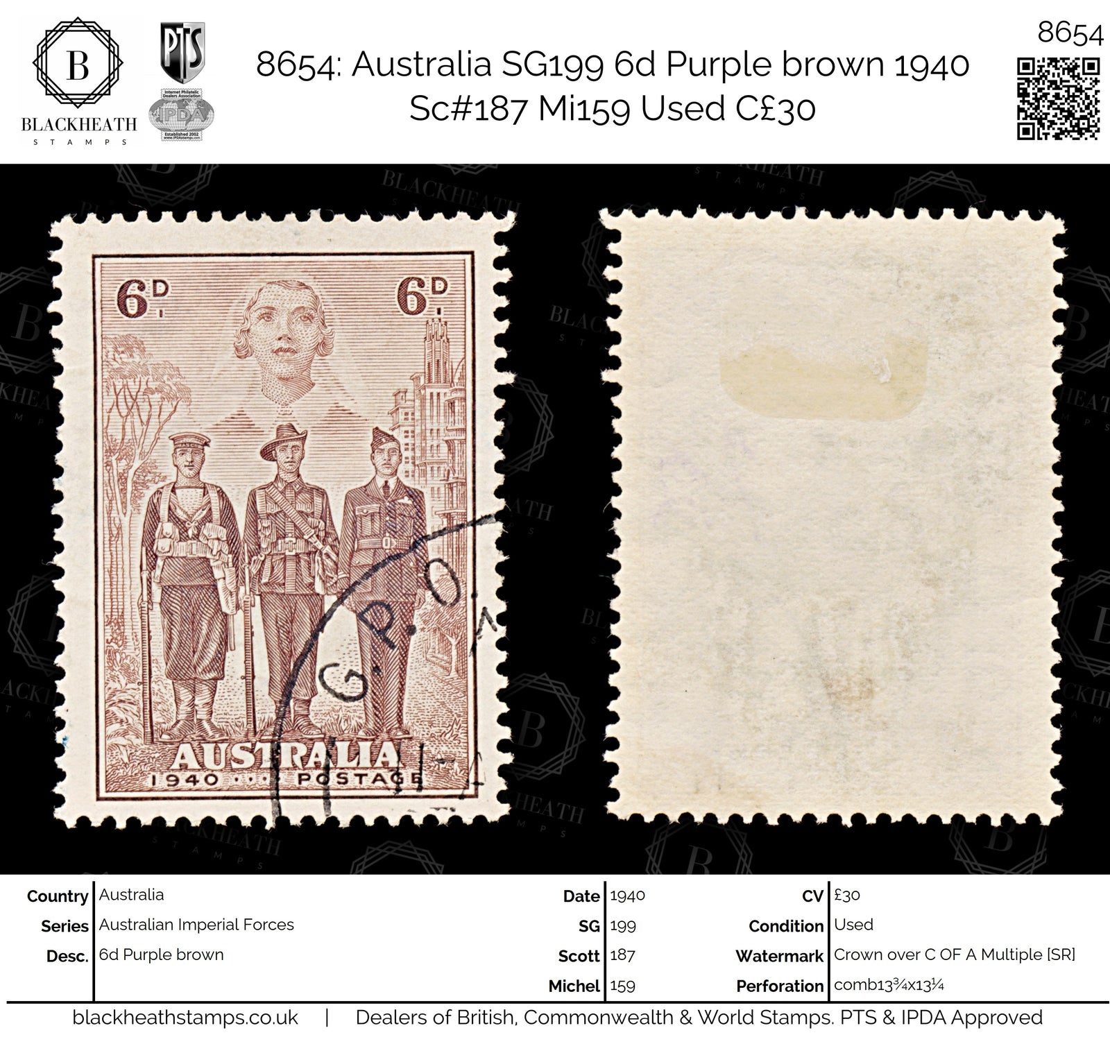 8654: Australia SG199 6d Purple brown 1940 Sc#187 Mi159 Used C£30