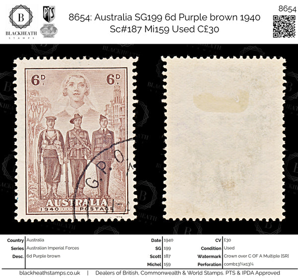 8654: Australia SG199 6d Purple brown 1940 Sc#187 Mi159 Used C£30