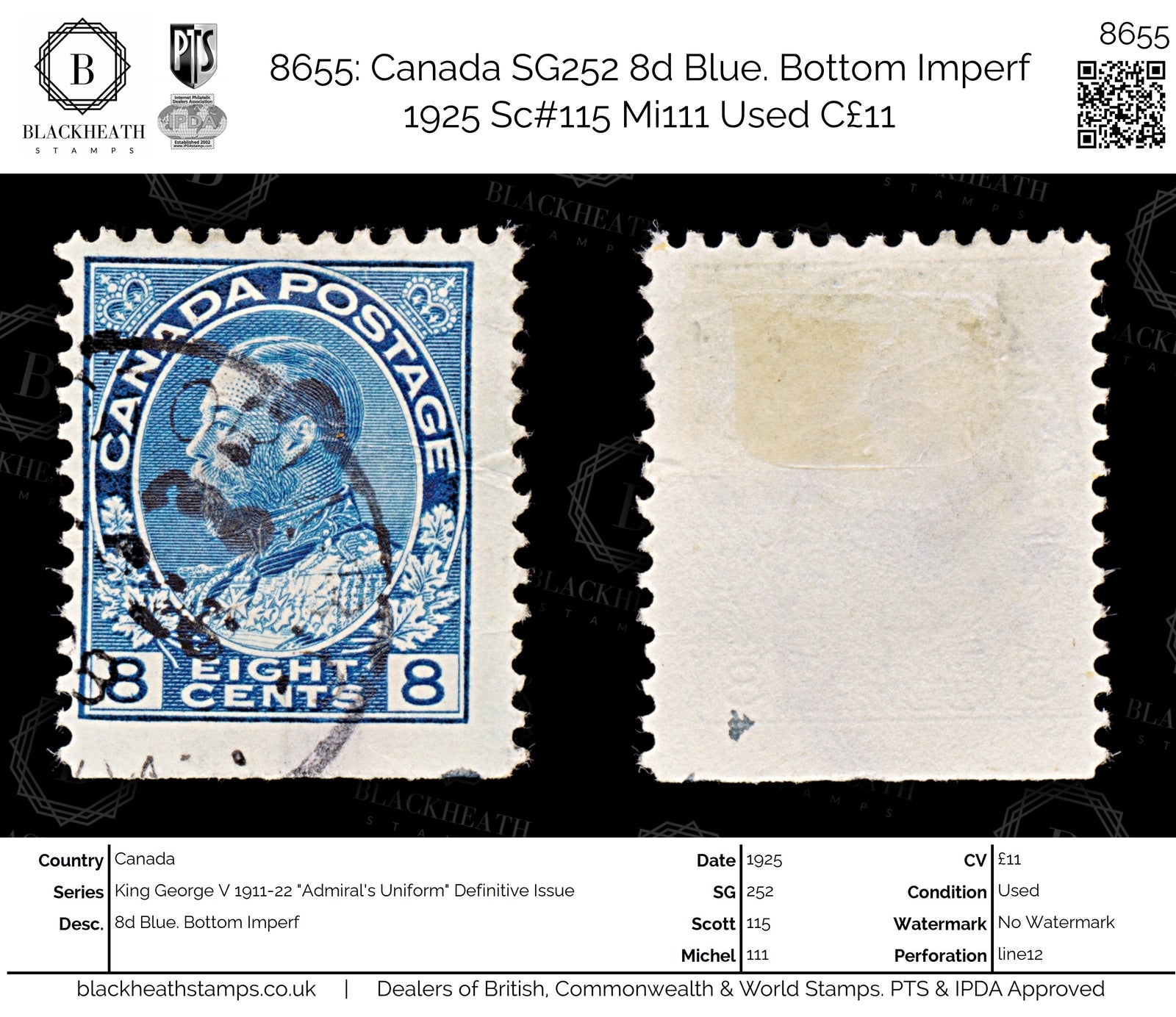 8655: Canada SG252 8d Blue. Bottom Imperf 1925 Sc#115 Mi111 Used C£11