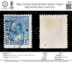 8655: Canada SG252 8d Blue. Bottom Imperf 1925 Sc#115 Mi111 Used C£11, view 1