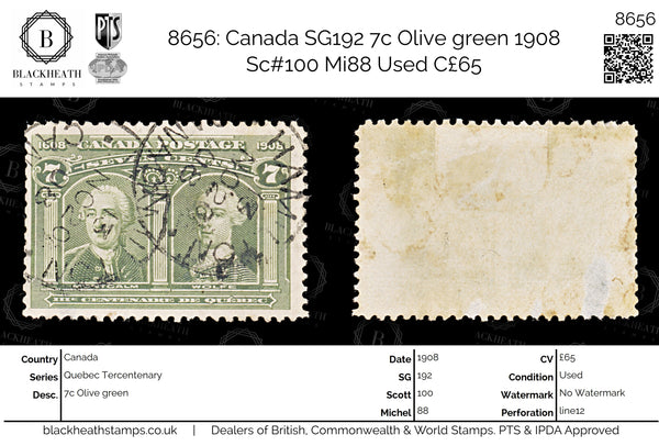8656: Canada SG192 7c Olive green 1908 Sc#100 Mi88 Used C£65