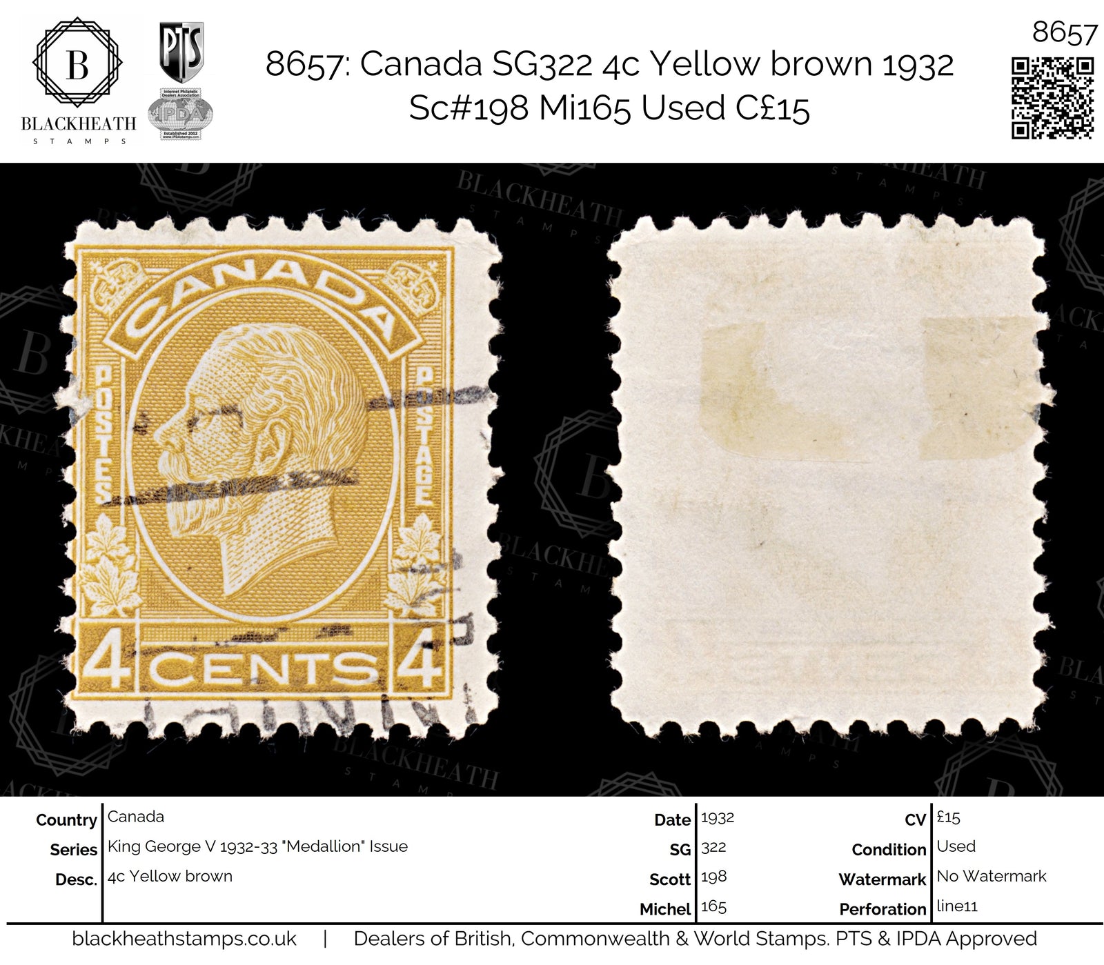 8657: Canada SG322 4c Yellow brown 1932 Sc#198 Mi165 Used C£15